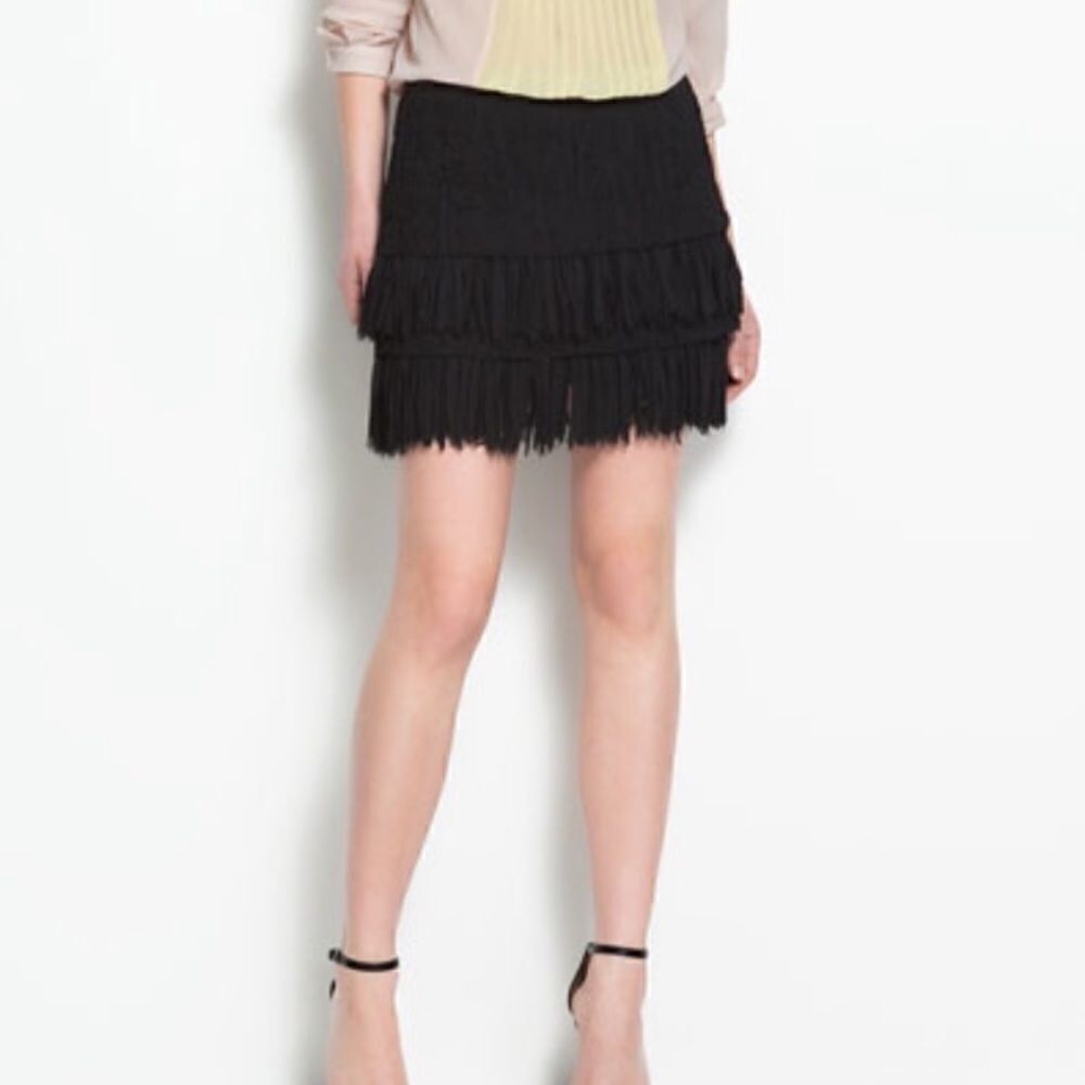 Zara Trafaluc Black Faux Suede Fringe Skirt-XS
